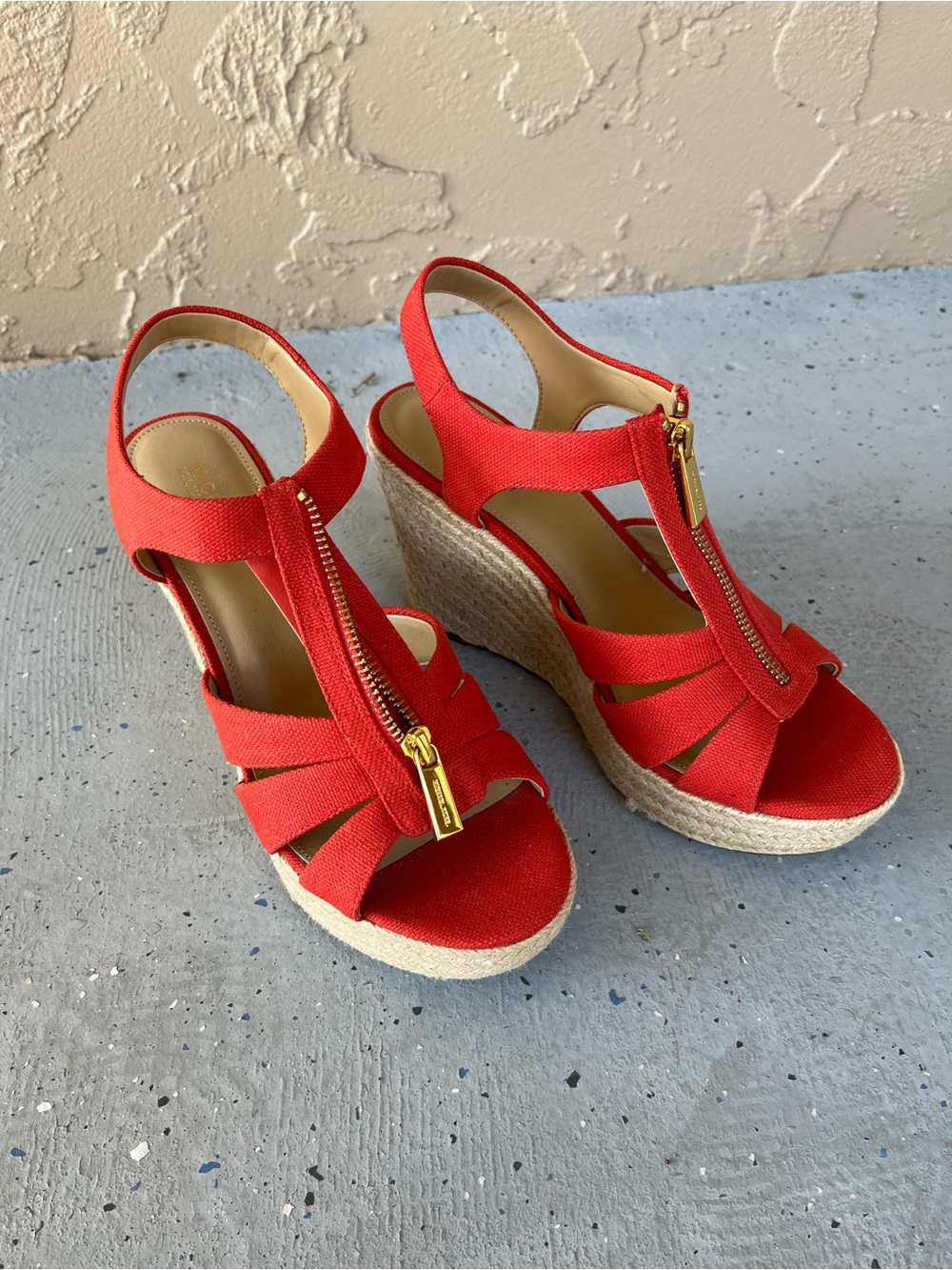 Michael Kors Orange Espadrille Wedge Sandals with Gold Zip Detail